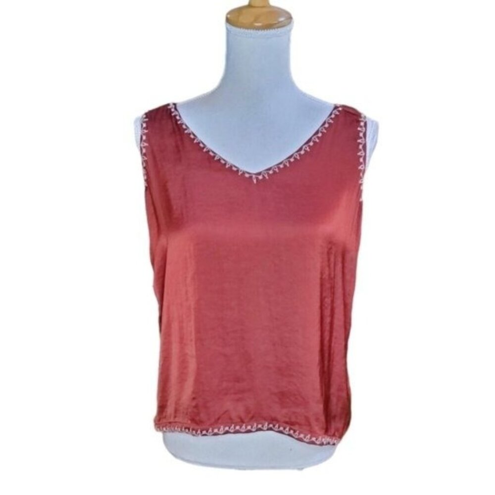 Hello Nite Soft Brushed Satin Finish Embroidered Tank Top In Currant Small